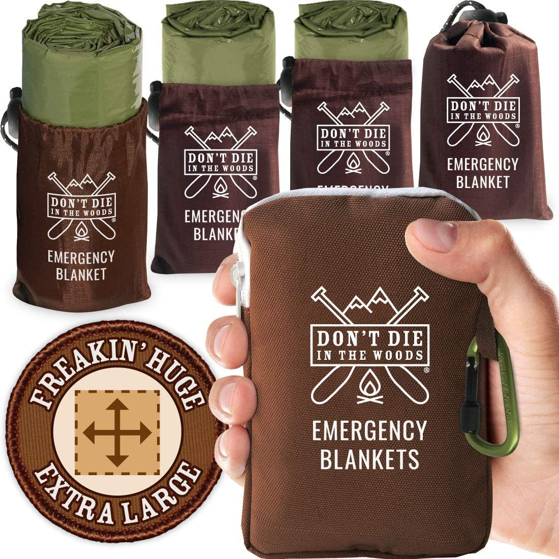 - Freakin’ Huge Emergency Blankets [4-Pack] Extra-Large Thermal Mylar Space Blankets with Ripstop Nylon Stuff Sacks + Carabiner Zipper Pack [Army Green]