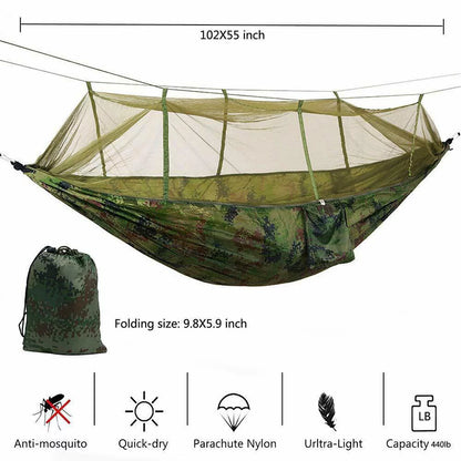 " Single & Double Camping Hammock with Mosquito/Bug Net, Hammock Tree Straps and Carabiners, Easy Assembly, Portable Parachute Nylon Hammock for Camping, Backpacking, Survival, Travel & More"