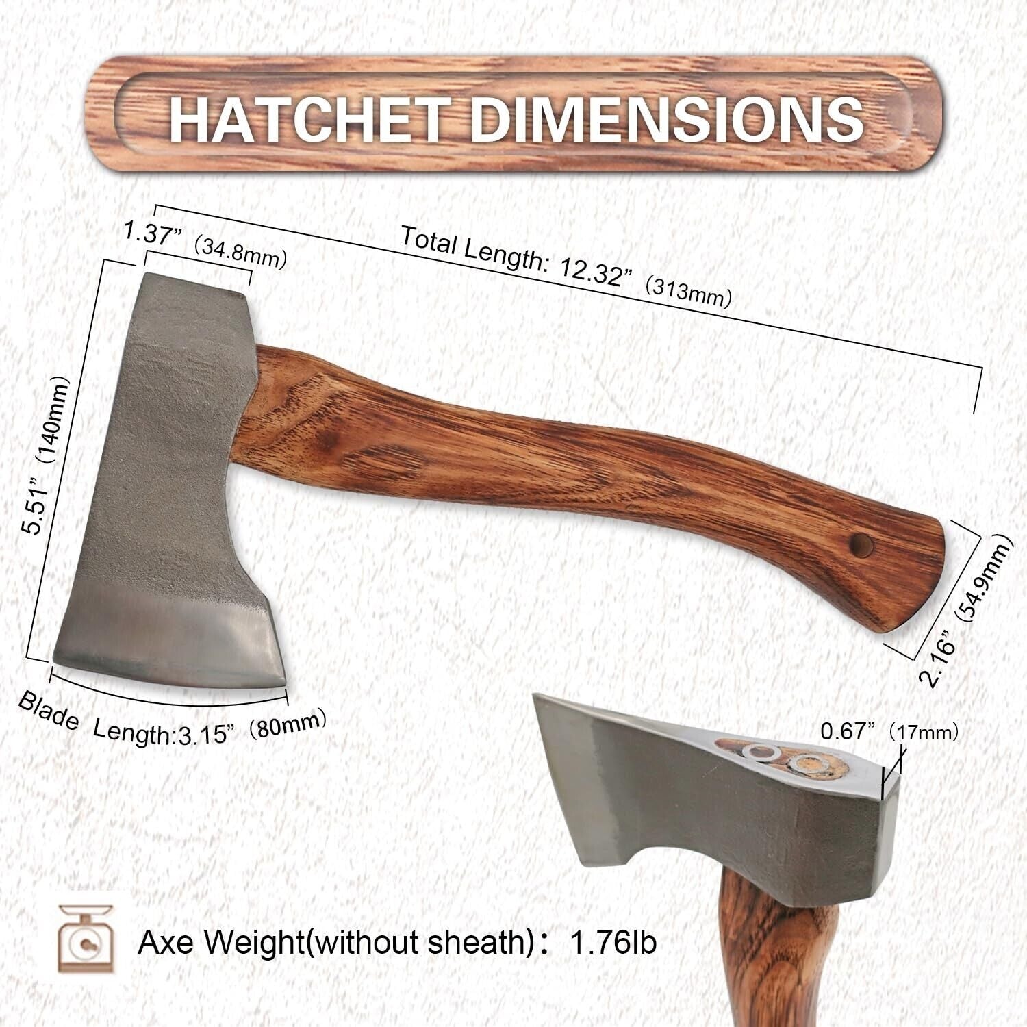 Hatchet with Wood Handle and Sheath ，Small Axe for Kindling,Split