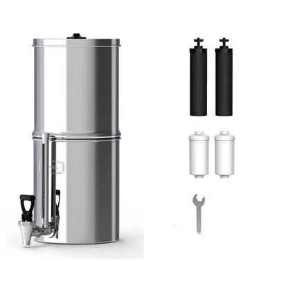 WD-TK-F Gravity-Fed Water Filter System, 2.25-Gallon Stainless-Steel System, with 4 Filters, Metal Water Level Spigot, Reduces up to 98.95% of Chlorine&Bad Taste-King Tank Series