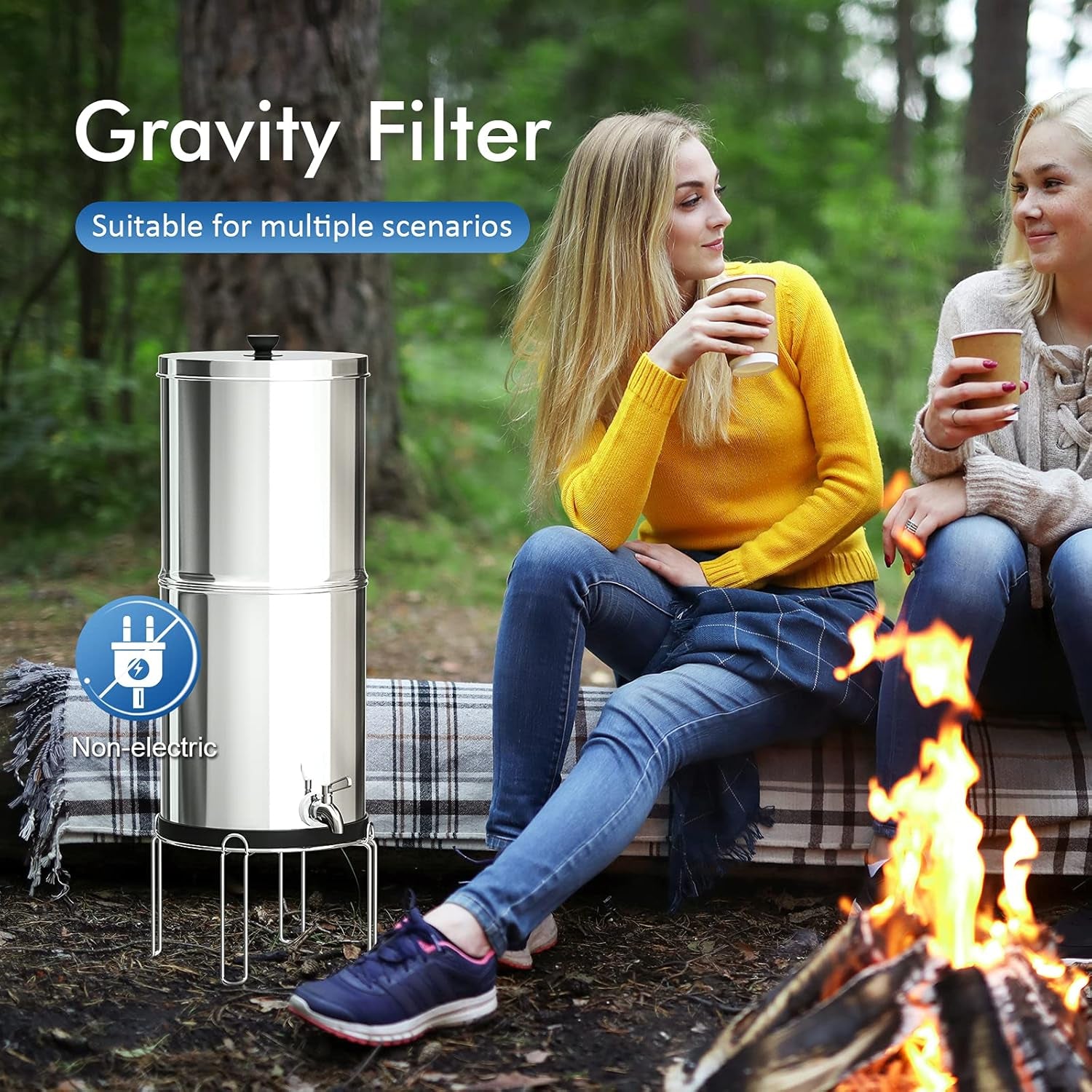 Gravity-Fed Water Filter System,With 2 Purification Filters for Home Camping Travel Outdoor Activities Emergencies,2.25-Gallon Stainless-Steel Countertop System