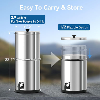 Stainless Steel Gravity-Fed Water Filter, High Capacity 2.9 Gallon with 2 Purification Elements for Home and Camping Use