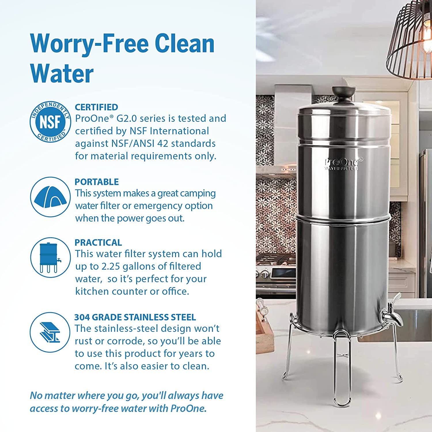 Traveler+ Stainless-Steel Gravity Filter System, 2.25-Gallon Water Capacity, Countertop Water Dispenser for Home & Travel with One 5” Filter & Wire Stand, Independently Tested Proven to Reduce