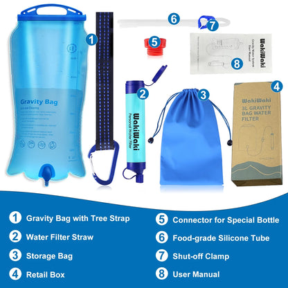 Wakiwaki Survival Gear, Emergency Water Purifier, Gravity Water Filter for Camping, Hiking, Backpacking, Natural Disaster