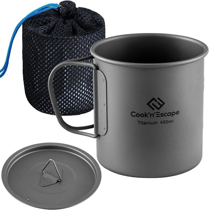 450Ml Titanium Cup/Pot with Lid, Camping Coffee Mug Lightweight Backpacking Titanium Cup with Foldable Handle, Ultralight Camping Pot for Outdoor Hiking Picnic Open Fire Cooking