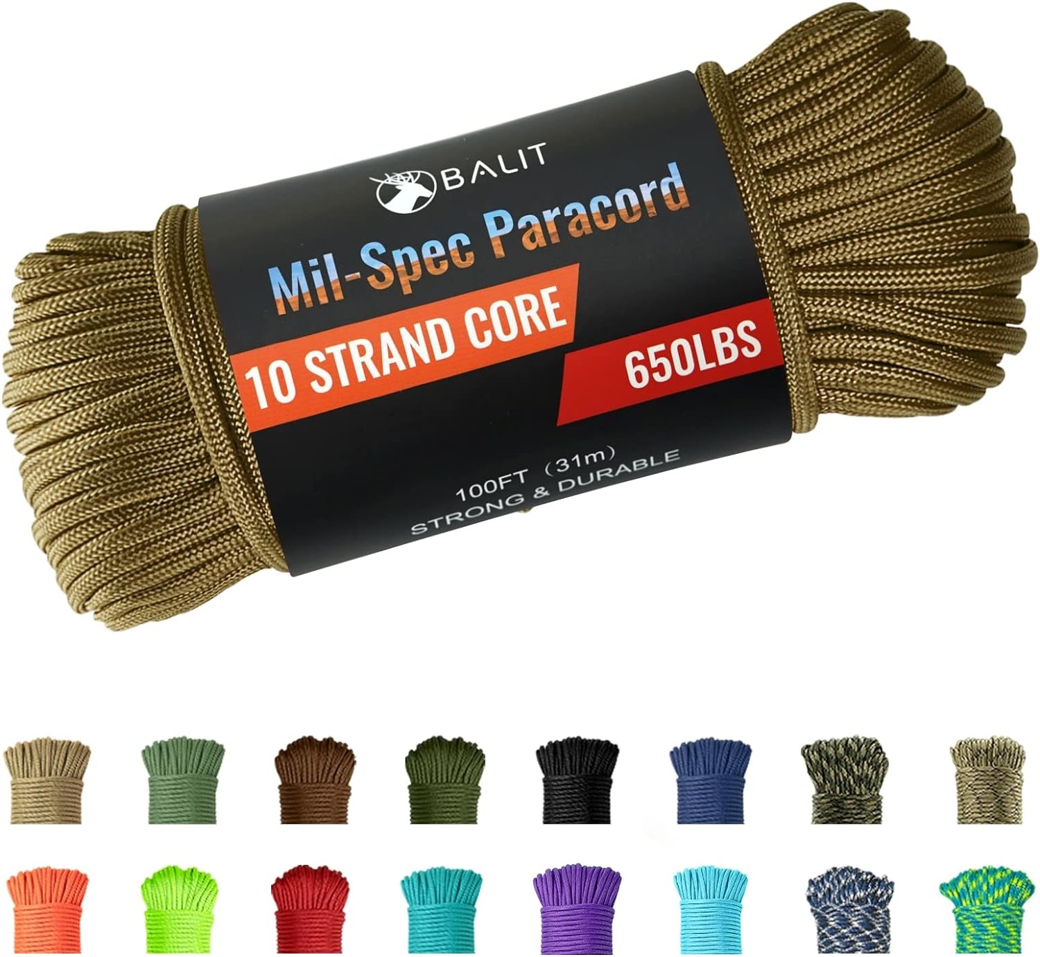 650 Paracord/Parachute Cord 50'100'200'1000' Mil-Spec Paracord 10-Strand Core Nylon Rope for Outdoor Emergency Tactical Survival Camping Hiking Bracelet