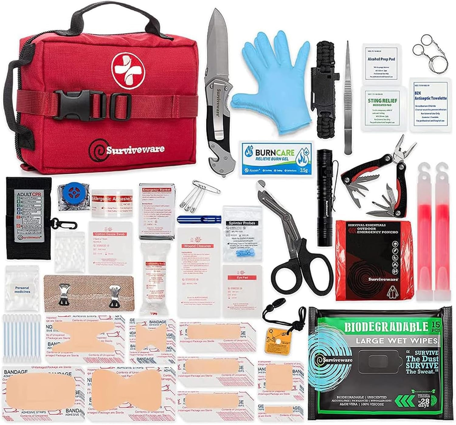 Comprehensive Premium Survival First Aid Kit Emergency Medical Kit for Travel Camping Gear, Home Essentials and Outdoor Emergencies- Medium, Red