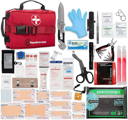 Comprehensive Premium Survival First Aid Kit Emergency Medical Kit for Travel Camping Gear, Home Essentials and Outdoor Emergencies- Medium, Red