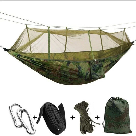 " Single & Double Camping Hammock with Mosquito/Bug Net, Hammock Tree Straps and Carabiners, Easy Assembly, Portable Parachute Nylon Hammock for Camping, Backpacking, Survival, Travel & More"