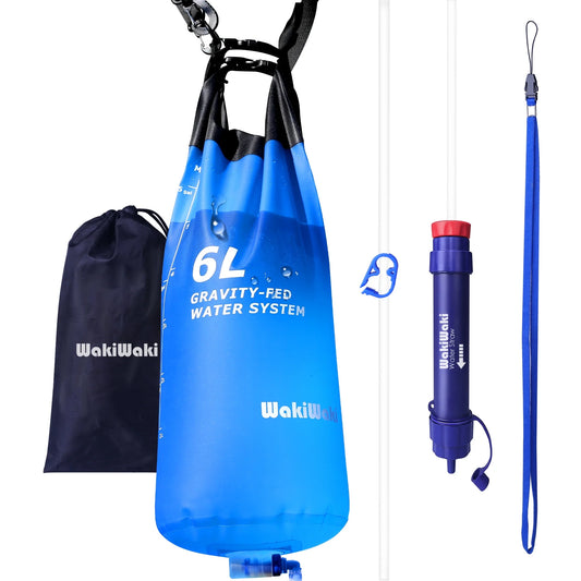 Gravity Water Filter - 0.1 Micron Purifier for Camping - 6L Capacity - Adjustable Strap and Storage Bag - Survival Gear for Groups