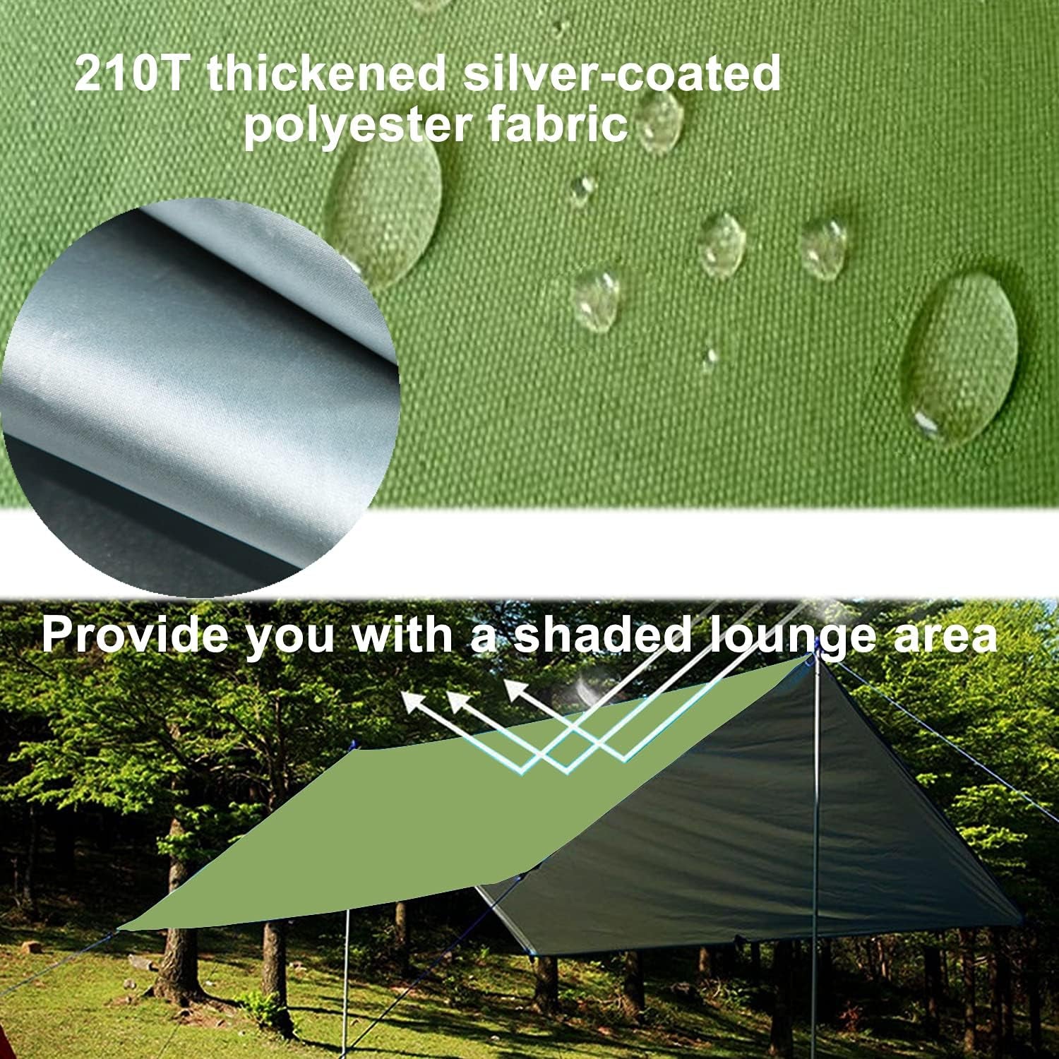 114" X 114" Green Camping Tent Tarp Camping Sunshade Essential Survival Hammock Tent Tarp for Camping Hiking Backpacking Home Garden Outdoor Hunting Backpacking Survival Gear