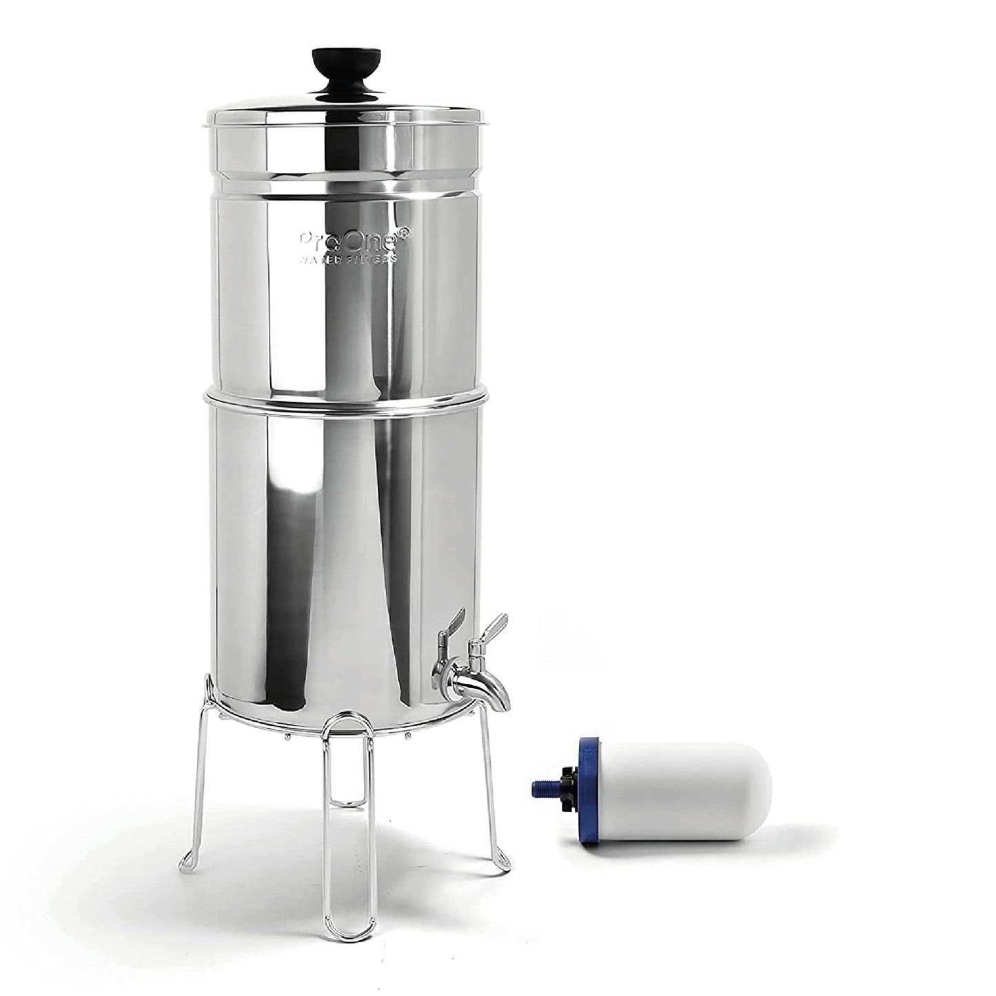 Traveler+ Stainless-Steel Gravity Filter System, 2.25-Gallon Water Capacity, Countertop Water Dispenser for Home & Travel with One 5” Filter & Wire Stand, Independently Tested Proven to Reduce