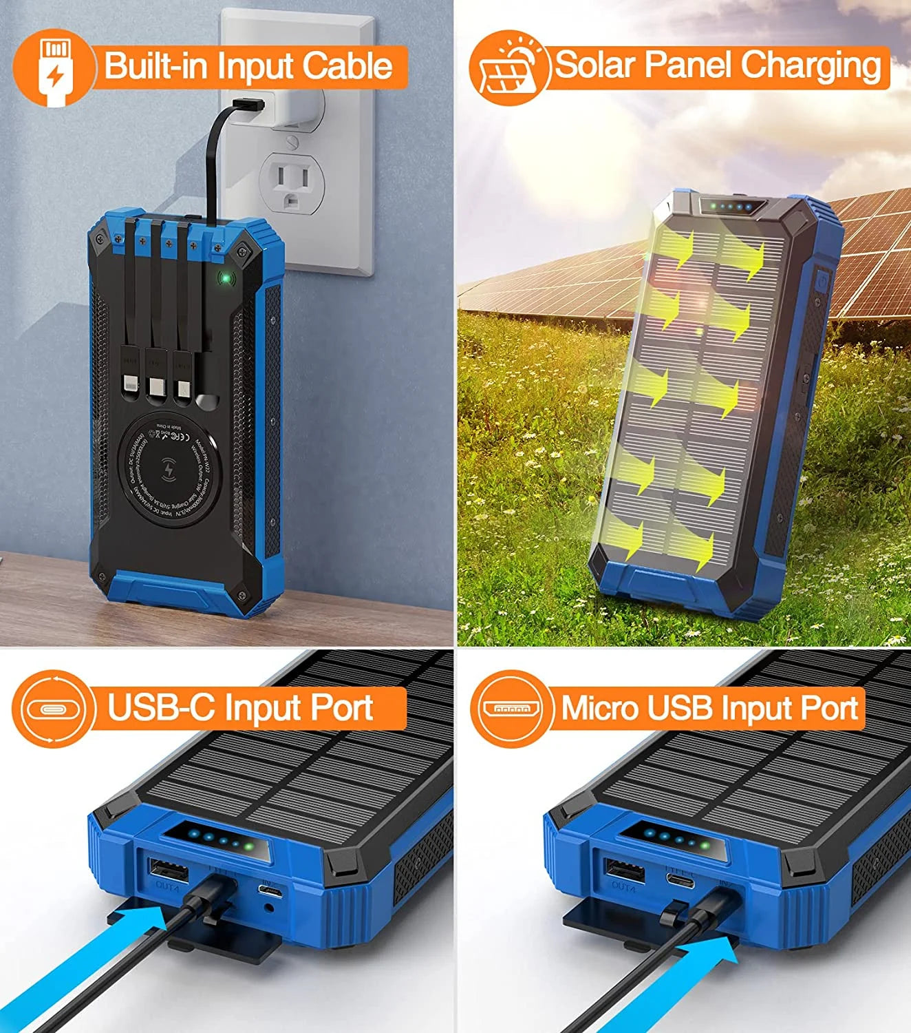 36000Mah Solar Charger Power Bank with 4 Cables, 15W Fast Charging Portable Charger for Cell Phone, Wireless Charger Solar Battery Pack with Dual Flashlights, Carabiner