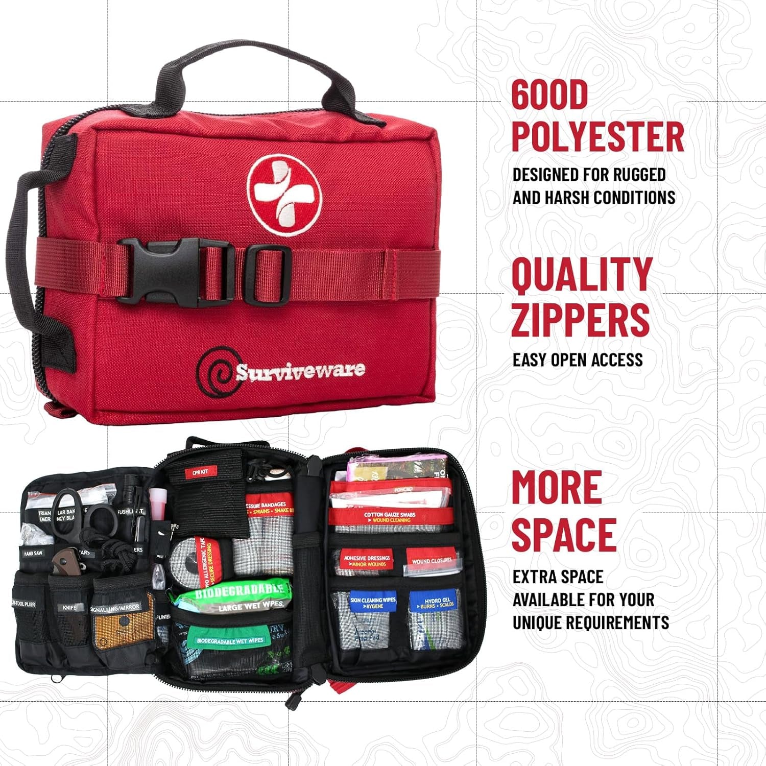 Comprehensive Premium Survival First Aid Kit Emergency Medical Kit for Travel Camping Gear, Home Essentials and Outdoor Emergencies- Medium, Red