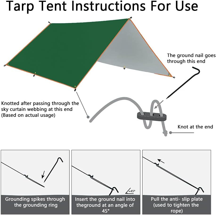 Lightweight Survival Tarp Hammock Rainfly Tent Tarp Waterproof with Poles Adjustable Camping Gear Hunting Hiking Backpacking Brushcraft Shelter (10X10Ft Green (No Poles))