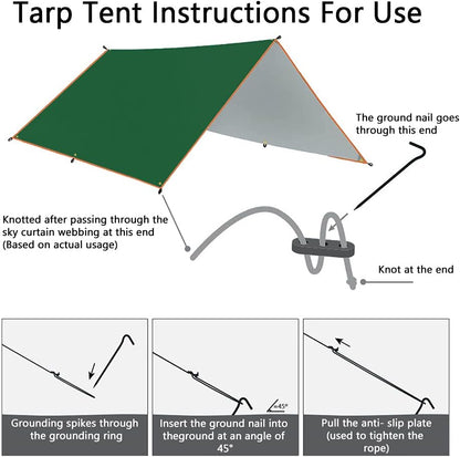 Lightweight Survival Tarp Hammock Rainfly Tent Tarp Waterproof with Poles Adjustable Camping Gear Hunting Hiking Backpacking Brushcraft Shelter (10X10Ft Green (No Poles))