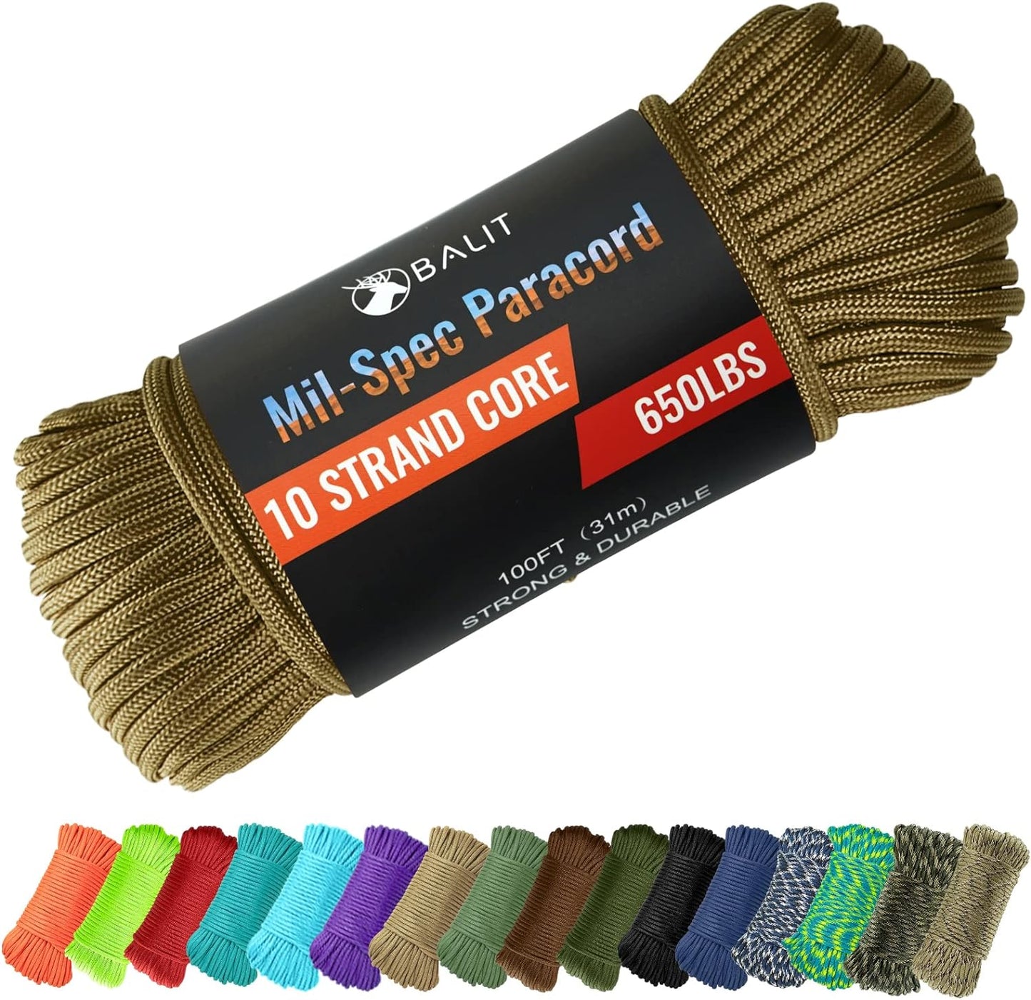 650 Paracord/Parachute Cord 50'100'200'1000' Mil-Spec Paracord 10-Strand Core Nylon Rope for Outdoor Emergency Tactical Survival Camping Hiking Bracelet