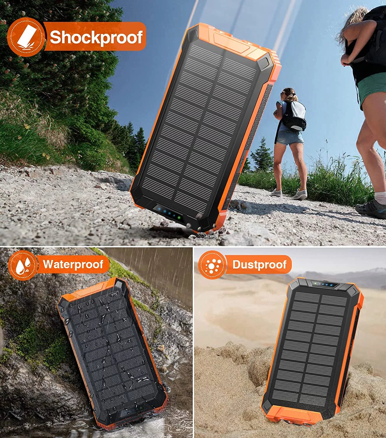 36000Mah Solar Charger Power Bank with 4 Cables, 15W Fast Charging Portable Charger for Cell Phone, Wireless Charger Solar Battery Pack with Dual Flashlights, Carabiner