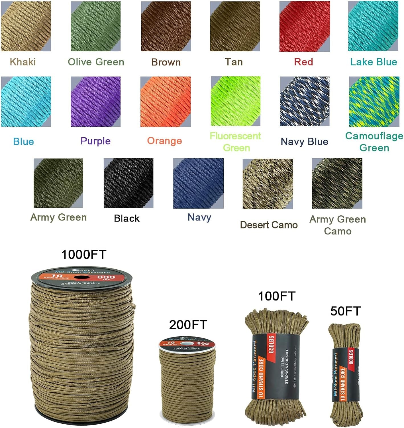 650 Paracord/Parachute Cord 50'100'200'1000' Mil-Spec Paracord 10-Strand Core Nylon Rope for Outdoor Emergency Tactical Survival Camping Hiking Bracelet