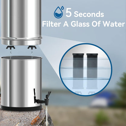 Stainless Steel Gravity-Fed Water Filter, High Capacity 2.9 Gallon with 2 Purification Elements for Home and Camping Use