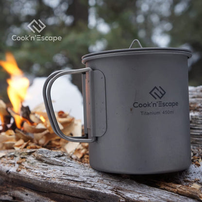 450Ml Titanium Cup/Pot with Lid, Camping Coffee Mug Lightweight Backpacking Titanium Cup with Foldable Handle, Ultralight Camping Pot for Outdoor Hiking Picnic Open Fire Cooking