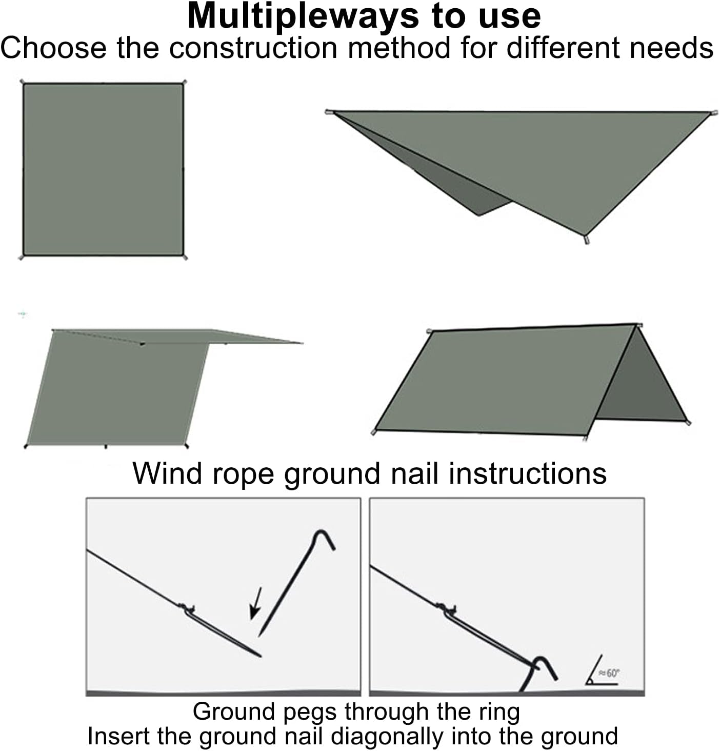 114" X 114" Green Camping Tent Tarp Camping Sunshade Essential Survival Hammock Tent Tarp for Camping Hiking Backpacking Home Garden Outdoor Hunting Backpacking Survival Gear