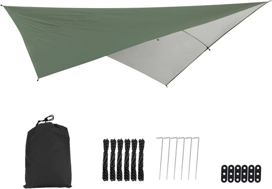 114" X 114" Green Camping Tent Tarp Camping Sunshade Essential Survival Hammock Tent Tarp for Camping Hiking Backpacking Home Garden Outdoor Hunting Backpacking Survival Gear