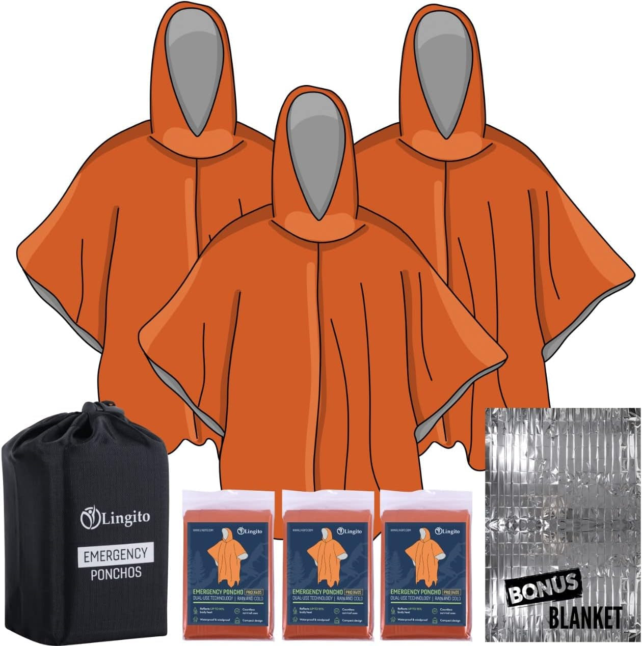 Rain Ponchos Family Pack - Emergency Drawstring Hood Poncho for Children & Adults Lightweight Reusable or Disposable